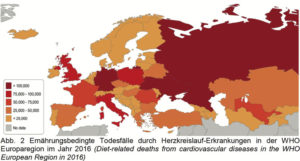 Ernährungsbedingte Todesfälle durch Herz-Kreislauf-Erkrankungen in der WHO Europaregion (gemeint sind EU, Europa, Vorderasien und Teile Eurasiens sowie Westasiens) im Jahr 2016. Grafik: obs/nutriCARD/Dr. Toni Meier